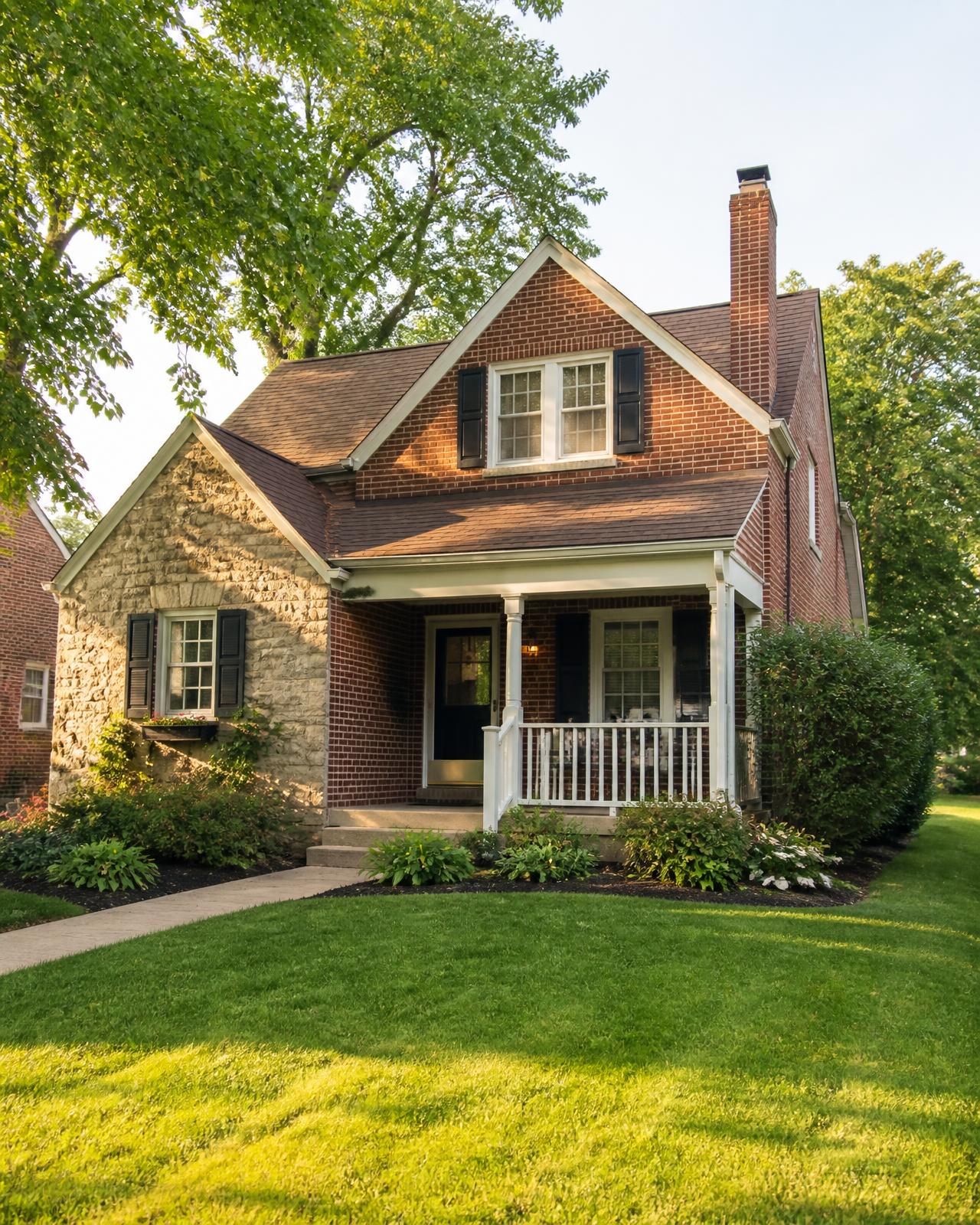 Well-kept single-family brick and stone home in a Philadelphia-area neighborhood with a visible brick chimney