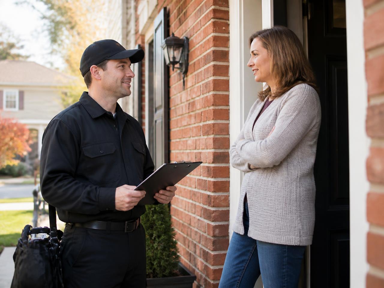 Global Chimney technician speaking with a homeowner at the front door of their brick house