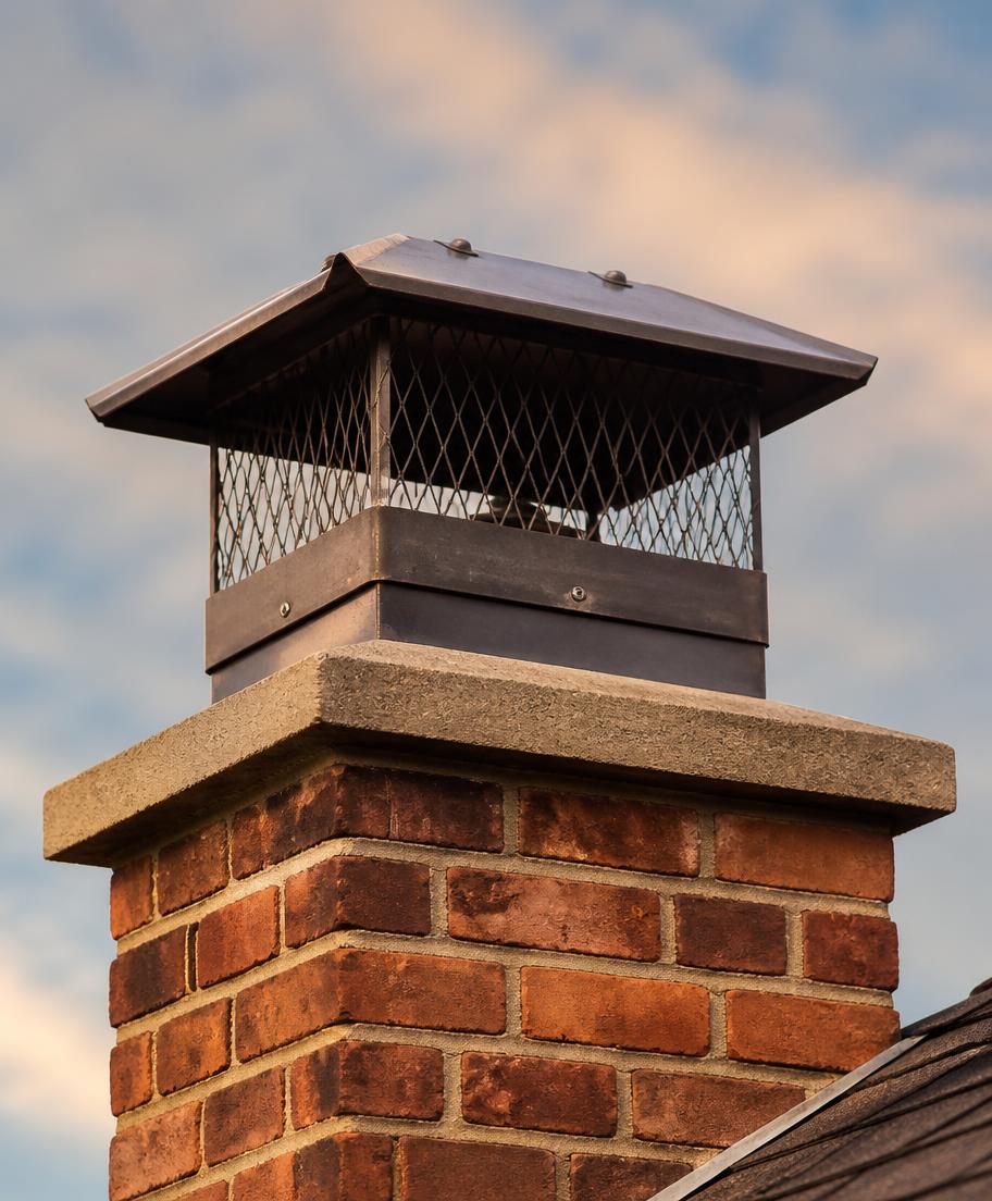 Brick chimney with a metal cap against an evening sky