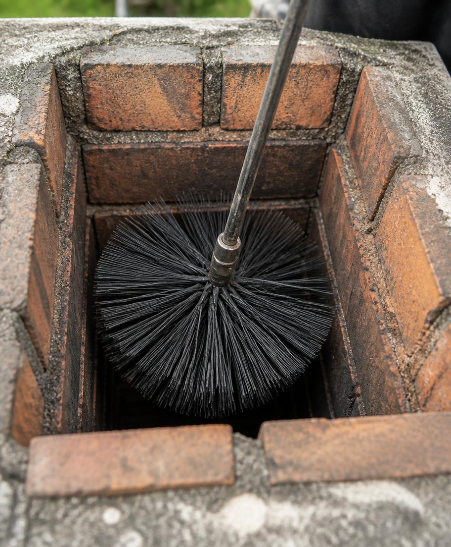 Chimney sweep brush lowered into a residential brick flue